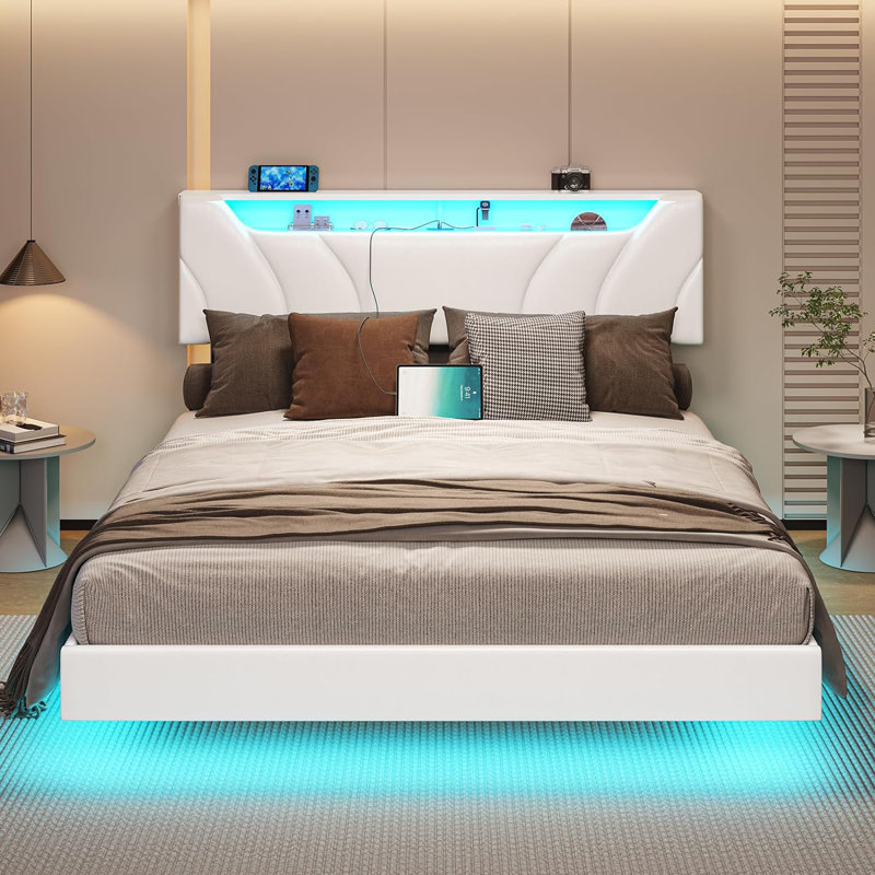 Ivy Bronx Queen Floating Bed Frame With Rgb Led Lights Usb Type C Port Upholstered Queen Size Platform Bed Frame With Storage Headboard And Hidden Storage no Box Spring Needed White